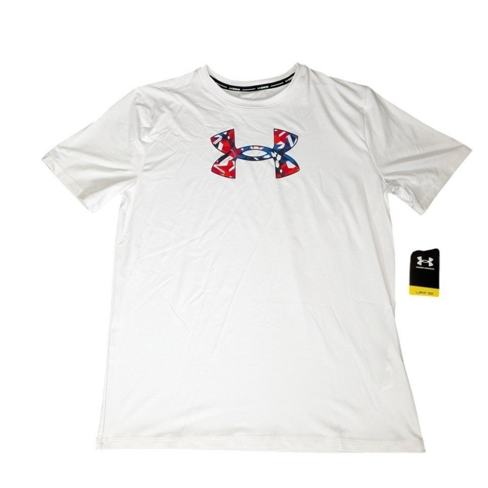 Under Armour Youth XL White Swim Shirt Rash Guard UPF 50 Patriotic Logo NWT